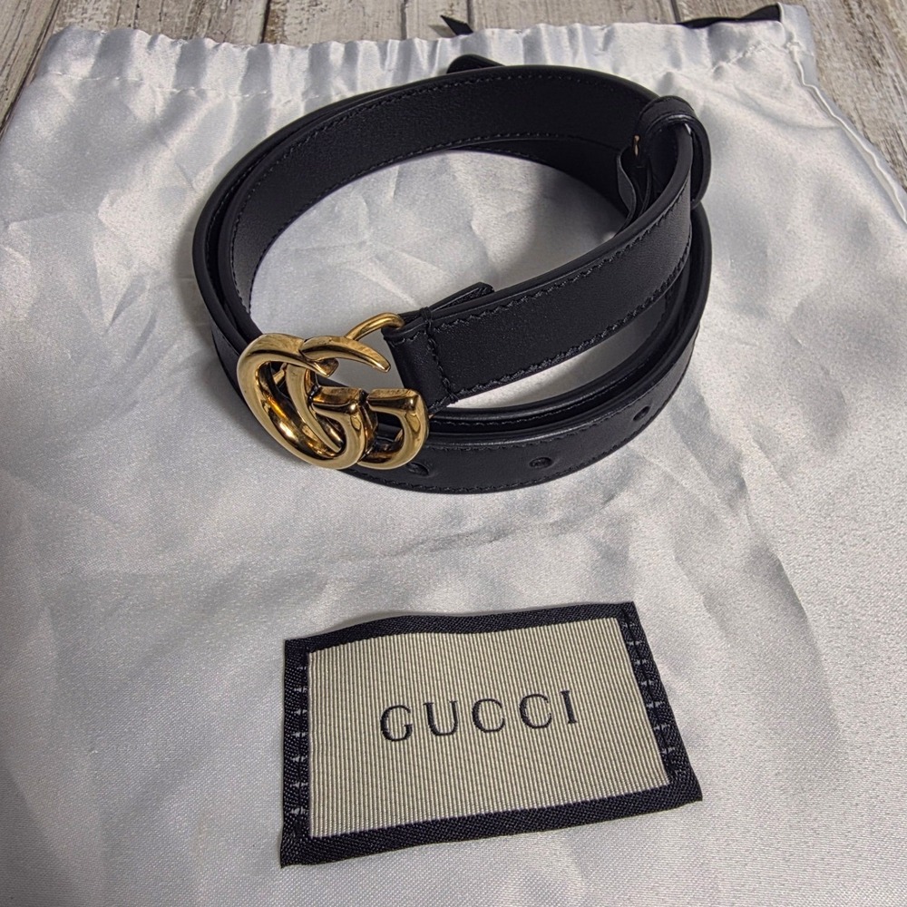 Gucci Double G Thin Black Leather Belt Gold Buckle 409417 75-30 Mens Womens - Picture 3 of 12
